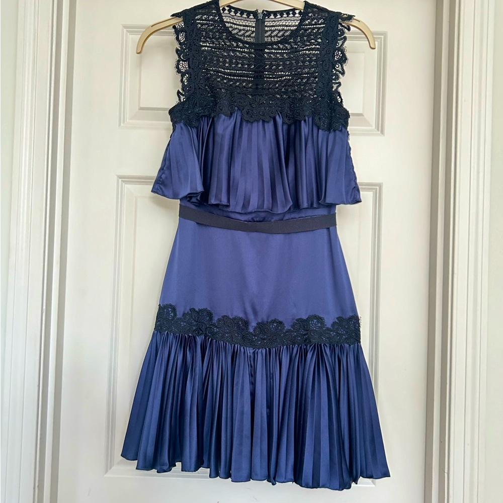 AMUR Navy Ruffle Pleated Dress
